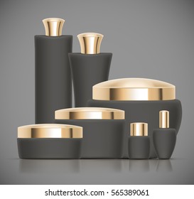 Set of dark Luxury cosmetic packaging collection with gold cap and blank space for your design isolated vector illustration