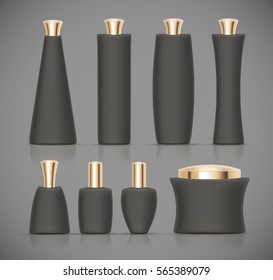 Set of dark Luxury cosmetic packaging collection with gold cap and blank space for your design isolated vector illustration