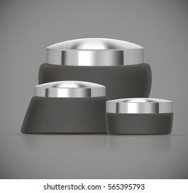Set of dark Luxury cosmetic packaging collection with silver cap and blank space for your design isolated vector illustration