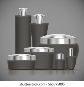 Set of dark Luxury cosmetic packaging collection with silver cap and blank space for your design isolated vector illustration