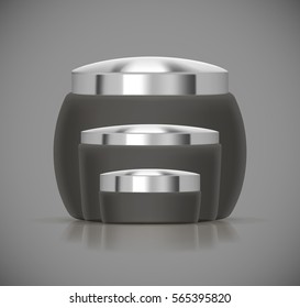 Set of dark Luxury cosmetic packaging collection with silver cap and blank space for your design isolated vector illustration