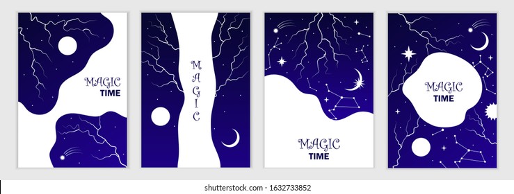 Set of dark magic templates for banners, posters, cards, flyers, covers. Night sky with lightning and stars. Vector illustration.