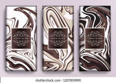 Set of dark, milk and almond chocolate bar package. Vector packaging template with modern marble patterns in pastel brown tones.
