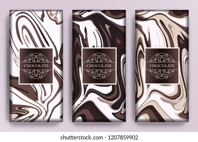 Set of dark, milk and almond chocolate bar package. Vector packaging template with modern marble patterns in pastel brown tones.