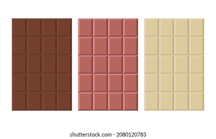 Set of dark, milk and white chocolate bar on white background. Flat vector illustration