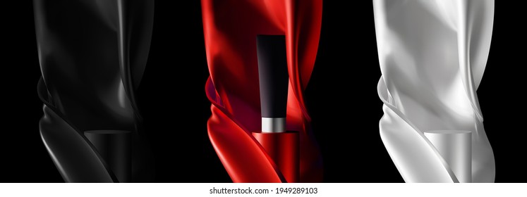 Set of dark minimal elegant podium covered with beautiful realistic silk cloth or fabric for beauty, cosmetic product presentation vector