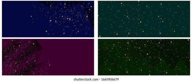 Set of dark multicolored muted backgrounds with gold sparkles pattern. Art Deco Banner Cover