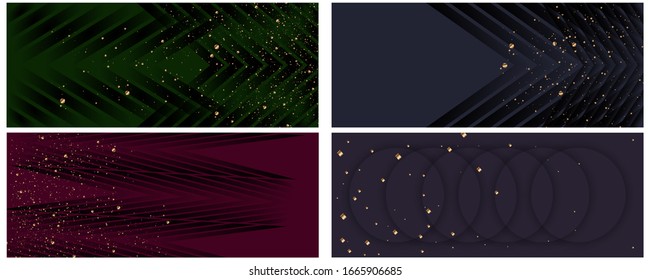 Set of dark multicolored muted backgrounds with gold sparkles pattern. Art Deco Banner Cover