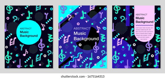 Set of dark neo memphis style music cover, card template, placard, poster, magazine, brochure, flyer. Collection of cool bright banners. Abstract shapes compositions. Vector