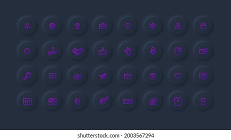 Set of dark neumorphic business and finance web outline gradient icons set.