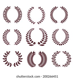 Set of dark on white background silhouette circular laurel foliate. Vector illustration