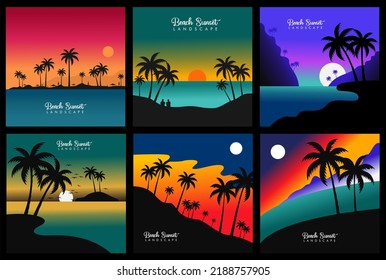 Set Dark palm trees silhouette on colorful tropical ocean sky and sunset background, vector illustration summer tropical.square social media.