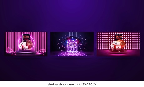 Set of dark and pink casino posters with casino elements. Smartphone, neon casino roulette, neon slot machine, neon playing cards and poker chips