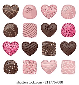 Set of dark and pink glitter chocolate candies decorated with confectionery topping isolated on white background. Vector illustration.