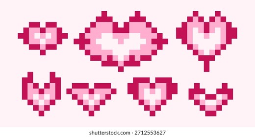 Un conjunto de corazones de píxel de color rosa oscuro en varias Formas lindas. Perfecto para diseños de San Valentín, juegos retro, pegatinas, patrones, Elementos de interfaz de usuario y proyectos creativos digitales