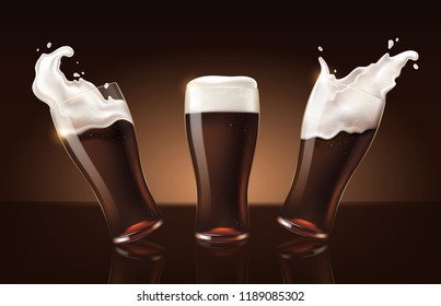 set dark porter beer in glass cup, refreshing drink with white foam in 3d illustration, splashing beer set vector illustration