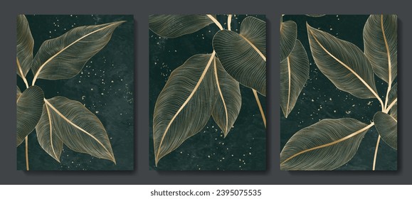 Un conjunto de afiches oscuros con hojas exóticas dibujadas a mano en estilo de arte de línea dorada. Fondo botánico para la decoración, impresión, textil, papel pintado, interior.
