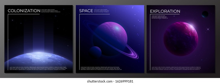 Set Of Dark Realistic Space Banners With Images Of Unknown Planets.