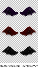 Set aus dunkelroten, schwarzen und violetten Teufeln, Drachen- oder Fledermausflügeln einzeln auf transparentem Hintergrund. Dunkles Engeloutfit, Mauerwerk, Karnevalskostüm. Daemons realistische Flügel. 3D-Monster- oder Tierflügel