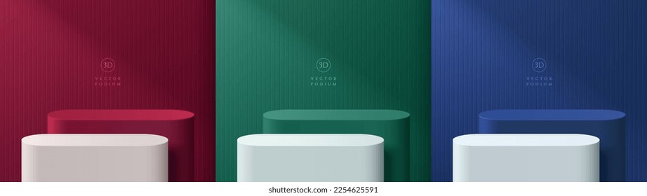Conjunto de fondo 3D de color rojo oscuro, verde, azul y blanco con soporte redondo de podio. Escenario mínimo de la escena de la pared para la exposición, pantalla promocional de la pancarta. Resumen de formas geométricas vectoriales.