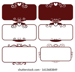 Set dark red square vintage frames, design elements. Sketch hand drawn. Decorative border with heart for valentine. Vector illustration isolated background