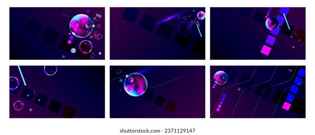 Set Dark retro futuristic cyberpunk elements abstraction background cosmos synthwave vaporwave retrowave glitch circle with blue and pink glows