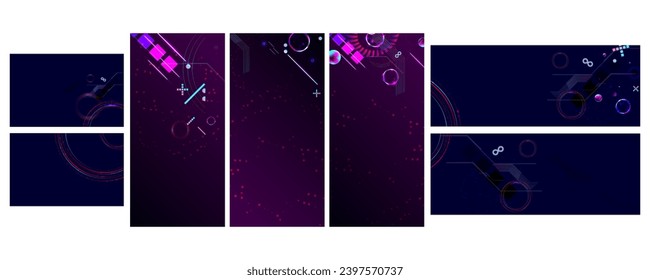 Set Dark retro futuristic cyberpunk elements abstraction background cosmos synthwave vaporwave retrowave glitch circle with blue and pink glows