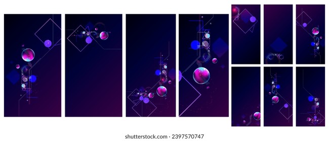 Set Dark retro futuristic cyberpunk elements abstraction background cosmos synthwave vaporwave retrowave glitch circle with blue and pink glows