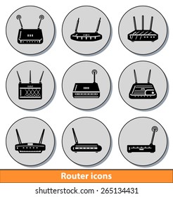 Set of dark router icons with reflection line