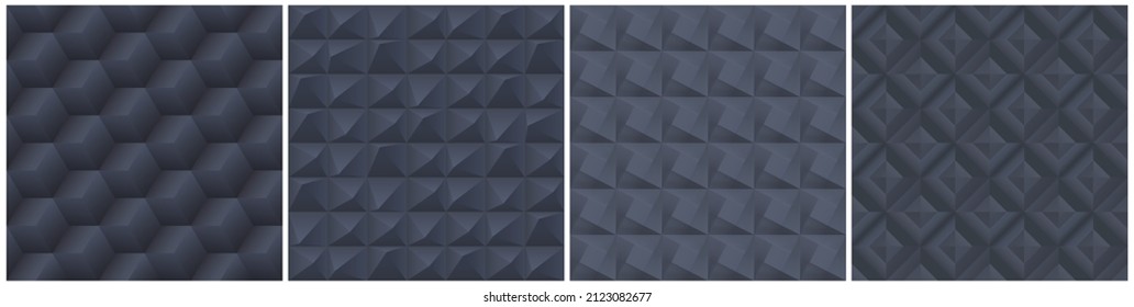 Conjunto de texturas 3d geométricas oscuras y sin costuras. Fondos abstractos e interminables decorativos