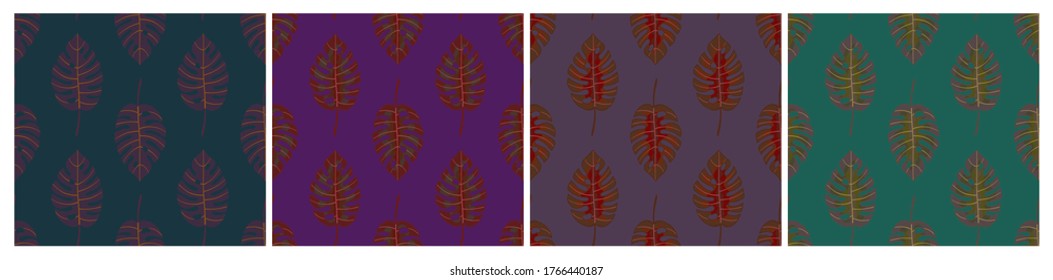 Set of dark seamless geometric patterns with vertical rows of monstera tropical leaves with veins. Repeat symmetrical botanical patterns. Vector illustration.