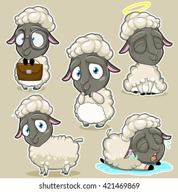 Set of dark sheep character with different emotions and poses