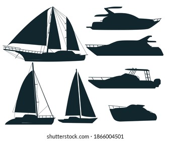 Set of dark silhouette sailing and motor yacht floating flat vector illustration