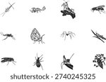 A set of dark silhouettes representing various insects and arthropods such as an ant, mosquito, spider, butterfly, grasshopper, and wasp, displayed against a solid black background. Ideal for design p
