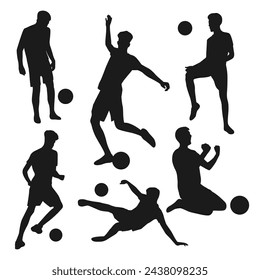 Set of dark silhouettes of soccer players flat style, vector illustration