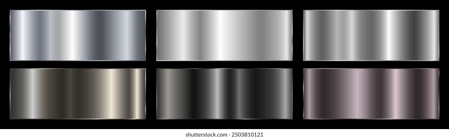 A set of dark silver and black metallic gradients on a black background. Metallic gradient effects for the design of text and bulletin boards, infographics. Metal banner. Vector illustration.