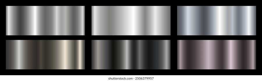 A set of dark silver and black metallic gradients on a black background. Metallic gradient effects for the design of text and bulletin boards, infographics. Metal banner. Vector EPS 10.