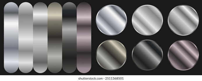 Um conjunto de gradientes de prata escura e metal preto sobre um fundo preto. Efeitos de gradiente metálico para o design de texto e quadros de boletins, infográficos. Banner de metal. Ilustração vetorial.