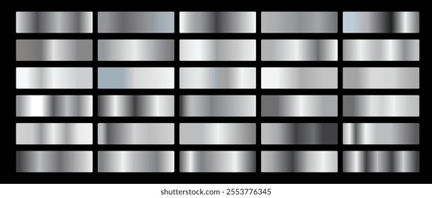 A set of dark silver and black metallic gradients on a black background. Metallic gradient effects for the design of text and bulletin boards, infographics. Metal banner. Vector illustration. 
