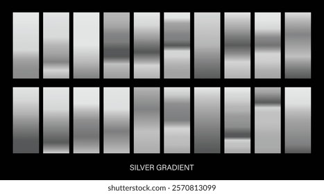 A set of dark silver and black metallic gradients on a black background. Metallic gradient effects for the design of text and bulletin boards, infographics. . Vector illustration.Realistic silver
