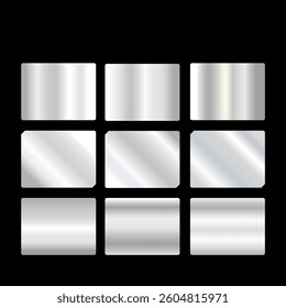 A set of dark silver and black metallic gradients on a black background. Metallic gradient effects for the design of text and bulletin boards, infographics. Metal banner. Vector illustration