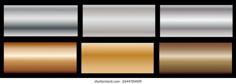A set of dark silver and black metallic gradients on a black background. Metallic gradient effects for the design of text and bulletin boards, infographics. Metal banner. Vector illustration.