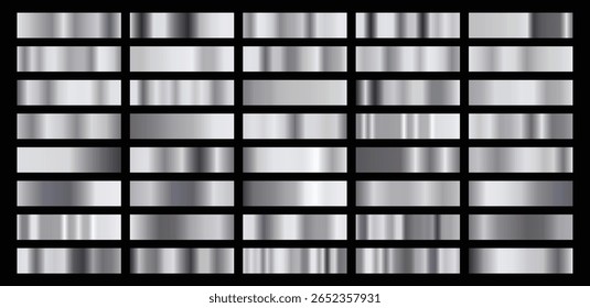 Un conjunto de Gradientes metálicos plateados oscuros y negros sobre fondo negro. Efectos de degradado metálico para el diseño de infografías de texto y tablones de anuncios Anuncio metálico
