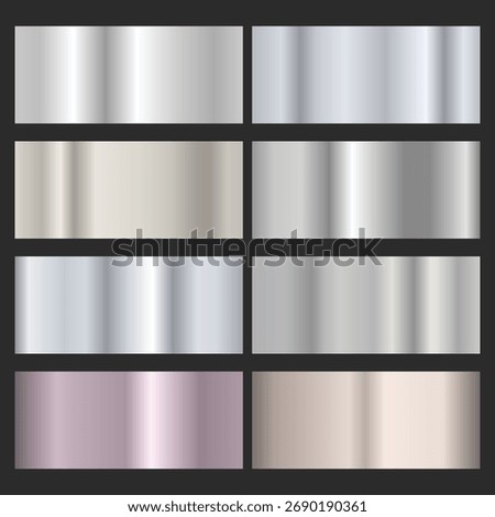 A set of dark silver and black metallic gradients on a black background. Metallic gradient effects for the design of text and bulletin boards, infographics. Metal banner.
