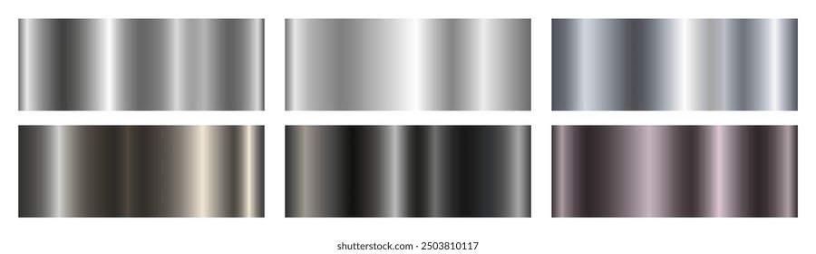 Un conjunto de Gradientes metálicos plateados oscuros sobre un fondo blanco. Efectos de degradado metálico para el diseño de texto y tablones de anuncios, infografías. Anuncio de metal. Vector 10.