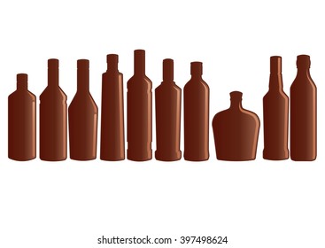 Set of dark simple glossy wine bottles. Can be used as silhouette.