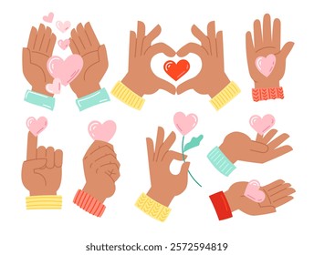Set of dark skin hands with hearts in doodle style. Valentine's day, love, friendship, charity and donation. Vector illustration isolated on white background. Elements for sticker pack, banner, card.