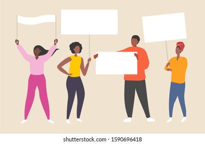 Set of dark skin people Flat vector illustration holding blank banner. Together African people Celebrate Black history month. Group dark skin people holding empty boards.