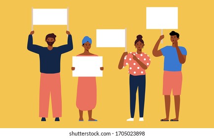 Set of dark skin people on protest demonstration holding blank empty banner illustration. African people Celebrate Black history month Group black people political activist manifestation demonstration