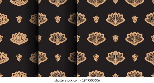 Set of Dark solid color Seamless pattern with lotuses in Simple style. Good for clothing and textiles. Vector illustration.